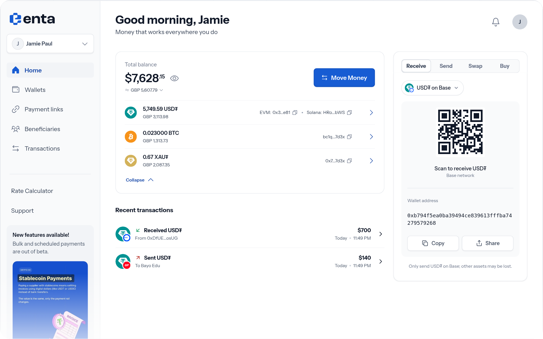 Enta's account view: USD₮, Bitcoin and XAU₮ balances in one place, with recent transactions and a receive panel