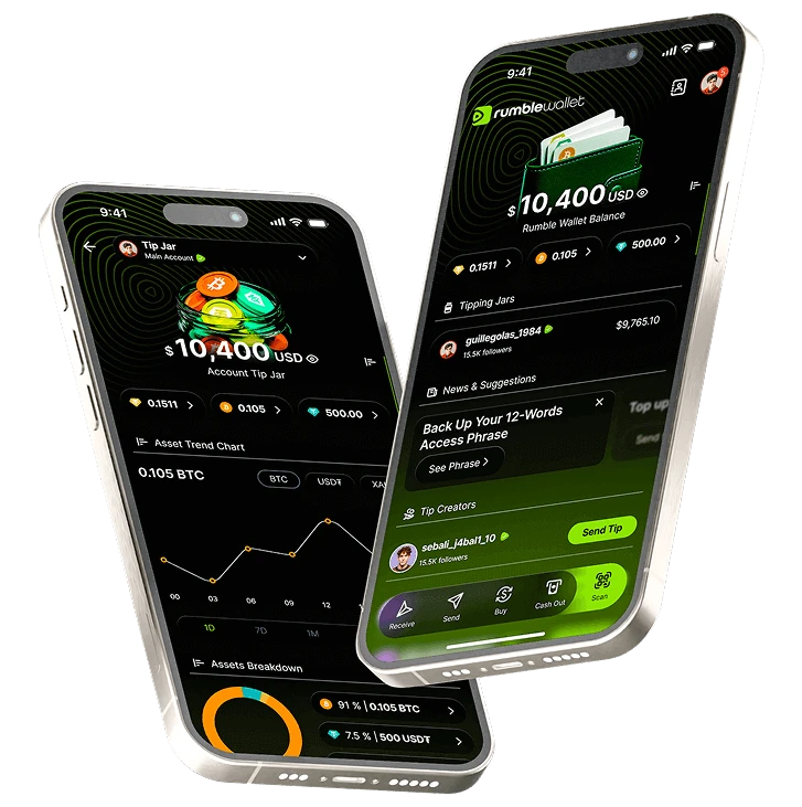 Two Rumble Wallet screens: a Tip Jar with a $10,400 balance, and the home screen with tipping jars and a Send Tip button.